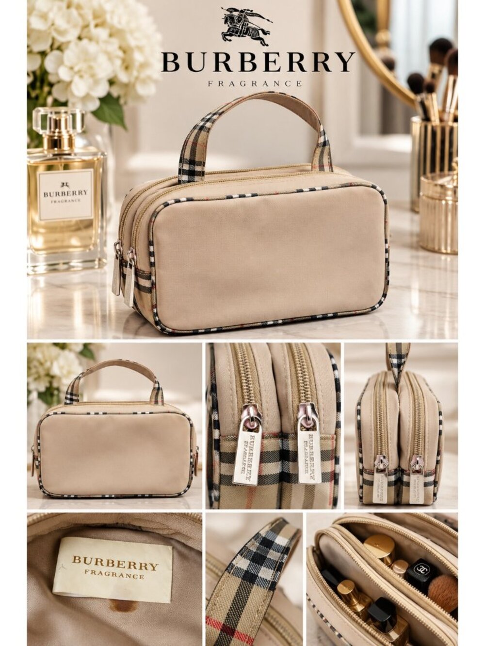 Burberry Fragrances Nova Check Beige Cosmetic Travel Vanity Bag Double Zip